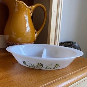 Vintage Glasbake Green Crazy Daisy Milk Glass Divided Oval Casserole Dish #J2352